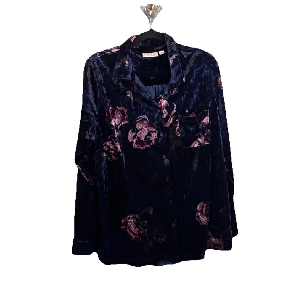 Belle By Kim Gravel Crushed Velvet Floral Long Sleeve Blouse Button Up Size L